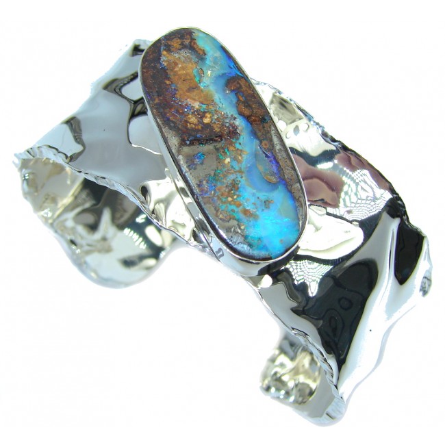 Norwegian Northern Lights AAA Boulder Opal hammered Sterling Silver Bracelet / Cuff
