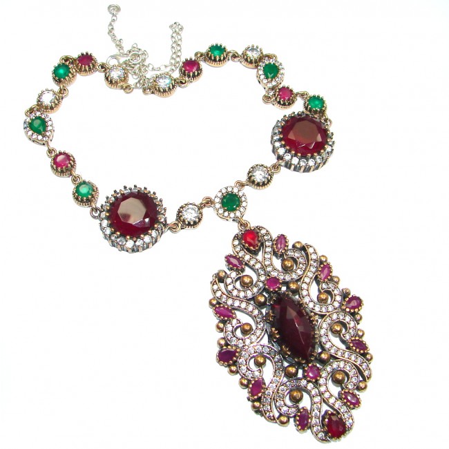 Huge Victorian created Ruby Emerald & White Topaz Sterling Silver necklace