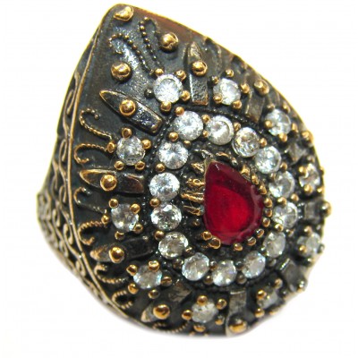 Large Victorian Style created Ruby & White Topaz Sterling Silver ring; s. 6