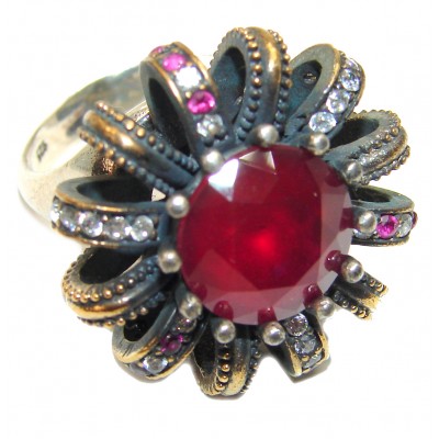 Victorian Style created Ruby & White Topaz Copper over Sterling Silver ring; s. 8