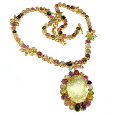 Golden Galaxy 61.2 grams authentic carved Lemon Quartz Tourmaline .925 Sterling Silver handcrafted necklace