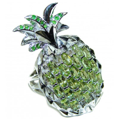 Large Pineapple Genuine Peridot .925 Sterling Silver handmade Cocktail Ring s. 8