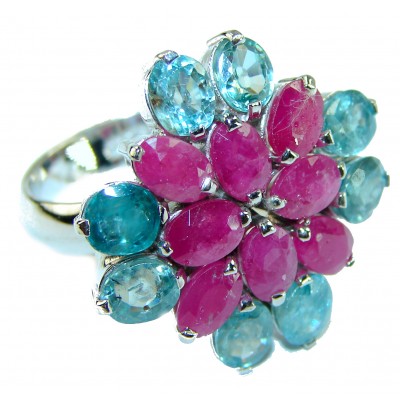 Bright Creation Swiss Blue Topaz Ruby .925 Sterling Silver handmade Ring size 8 3/4