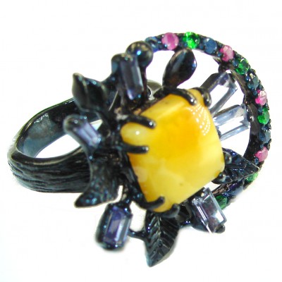 EXTRAVAGANZA Authentic Baltic Amber black rhodium over .925 Sterling Silver handcrafted ring; s. 7 1/4