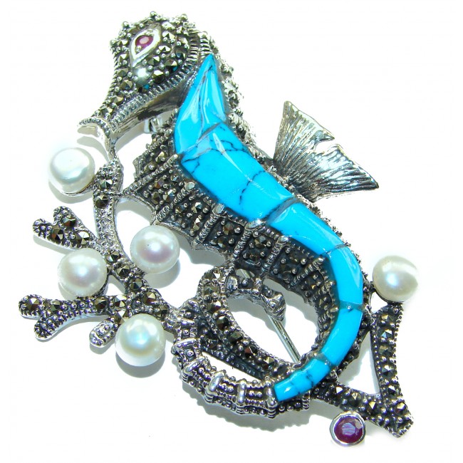 Large Seahorse Excellent inlay Turquoise .925 Sterling Silver handcrafted Pendant Brooch