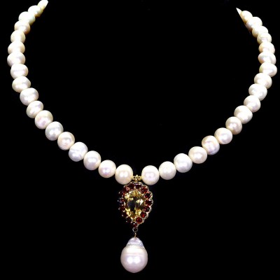 Spectacular 16 inches Long genuine Pearl Green Amethyst Gold over .925 Sterling Silver handcrafted Necklace