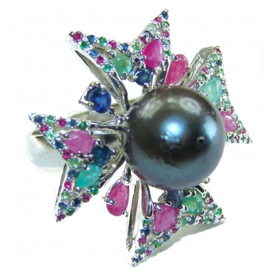Victorian Style Black Pearl .925 Sterling Silver handcrafted Ring s. 9