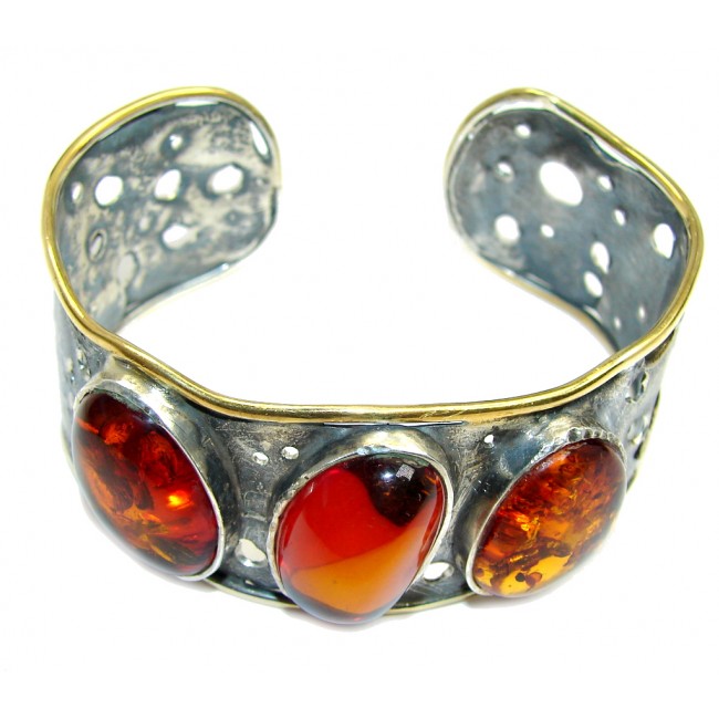 Beautiful Genuine Handcrafted Polish Amber Two Tones Sterling Silver Bracelet / Cuff