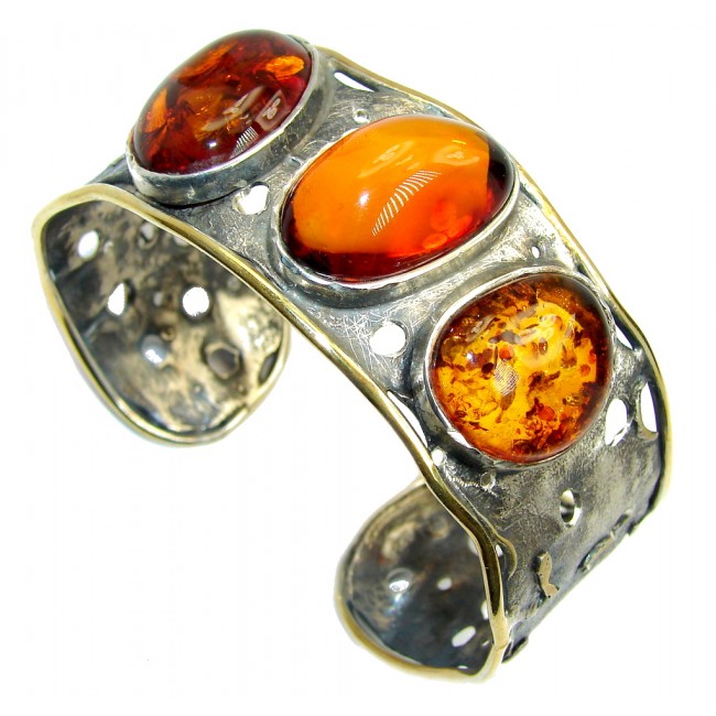 Beautiful Genuine Handcrafted Polish Amber Two Tones Sterling Silver Bracelet / Cuff