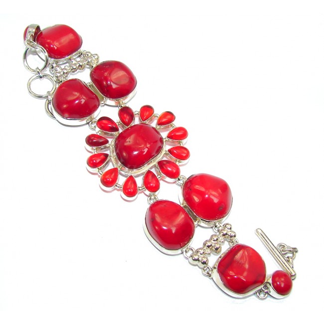 Huge Precious Red Fossilized Coral Sterling Silver Bracelet