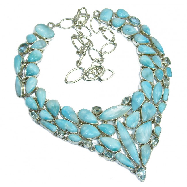 Huge Caribbean Style AAA+ Blue Larimar Swiss Blue Topaz Sterling Silver necklace