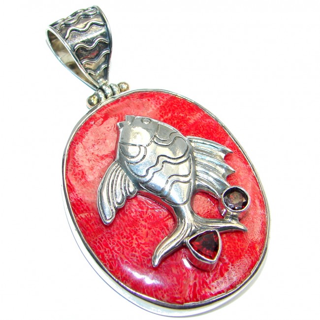 Stylish! Fossilized Coral Fish Sterling Silver handmade pendant