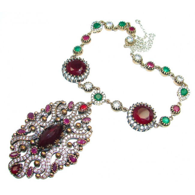 Huge Victorian created Ruby Emerald & White Topaz Sterling Silver necklace