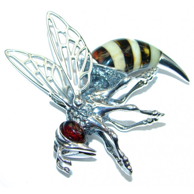 Large Masterpiece Honey Bee Baltic Polish Amber Sterling Silver Handmade Pendant
