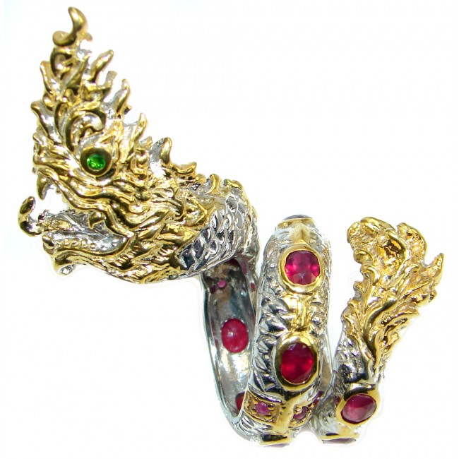 Jumbo 37.5 grams Top Blood Red Ruby Two Tones 925 Sterling Silver Thai Dragon Ring s. 8