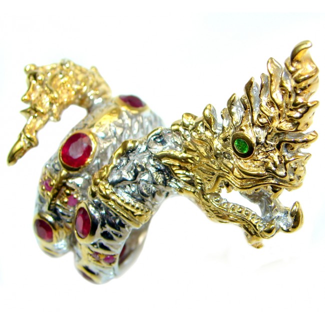 Jumbo 37.5 grams Top Blood Red Ruby Two Tones 925 Sterling Silver Thai Dragon Ring s. 8