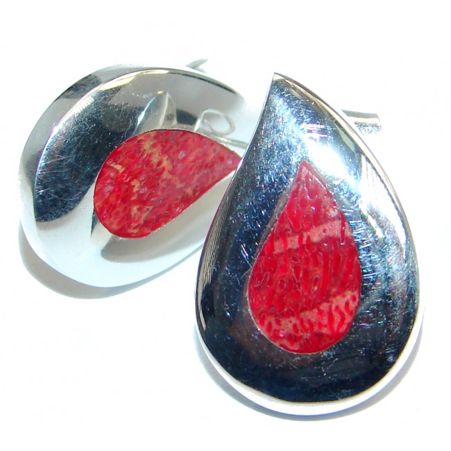 Red Fossilized Coral Granet Sterling Silver handmade earrings