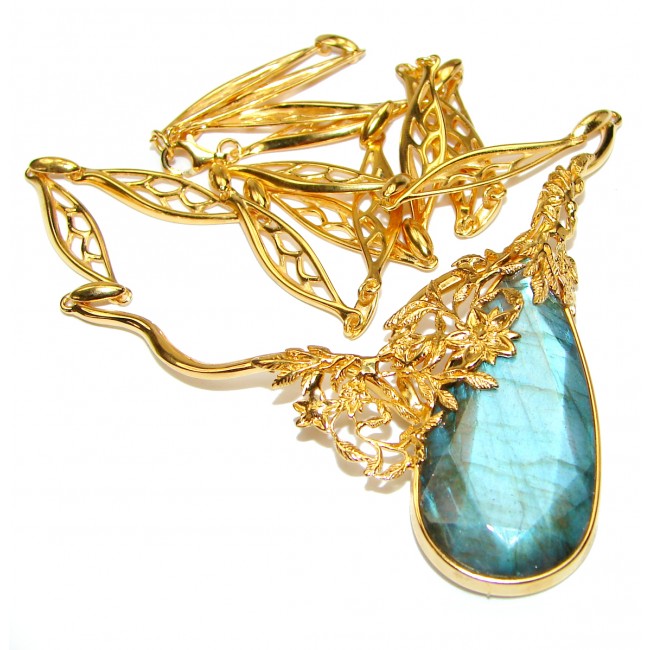 Luxury Design 88.5 ct faceted Labradorite 18K Gold over .925 Sterling Silver entirely handcrafted necklace