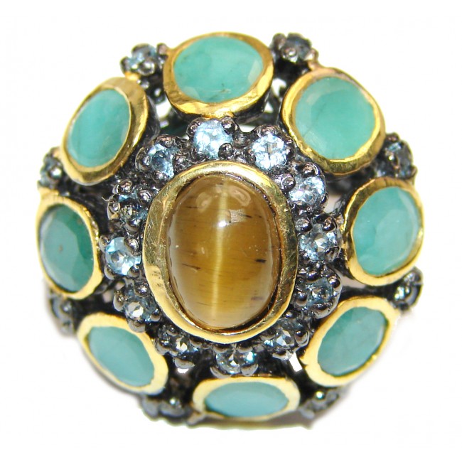 Amazing Golden Sapphire Emerald 18K Gold over .925 Sterling Silver Ring s. 6 1/4