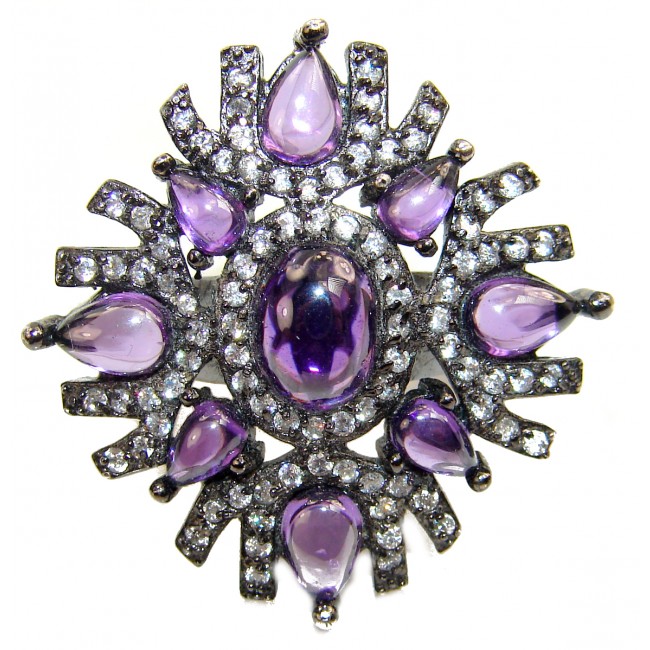 Lilac Beauty Vintage Style 10.2 carat Amethyst black rhodium over .925 Sterling Silver handmade Cocktail Ring s. 7 1/4