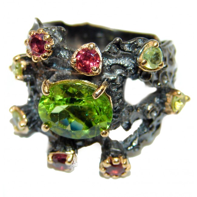 Energizing genuine Peridot Garnet black rhodium over .925 Sterling Silver handcrafted Ring size 7 3/4