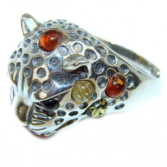 Panther Baltic Amber .925 Sterling Silver handcrafted Statement Ring size 8 adjustable