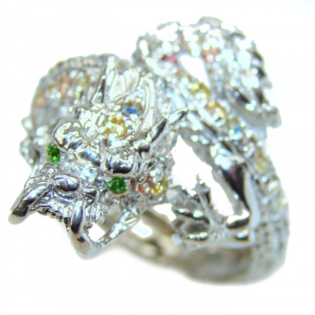 Large Dragon multicolor Sapphire . 925 Sterling Silver Ring s. 10 1/4