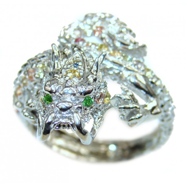 Large Dragon multicolor Sapphire . 925 Sterling Silver Ring s. 10 1/4
