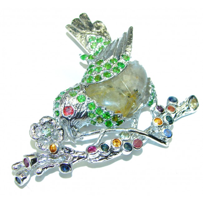 Incredible Colorful Bird Natural Rutilated Quartz 925 Sterling Silver Brooch
