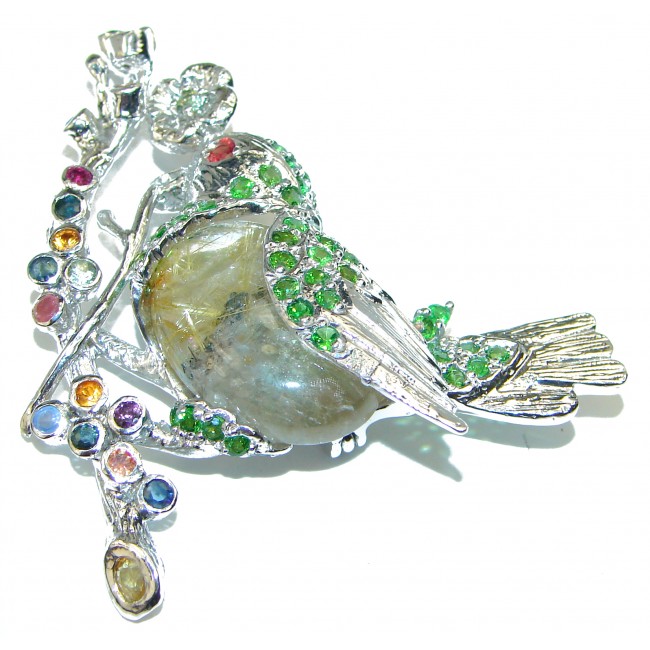 Incredible Colorful Bird Natural Rutilated Quartz 925 Sterling Silver Brooch