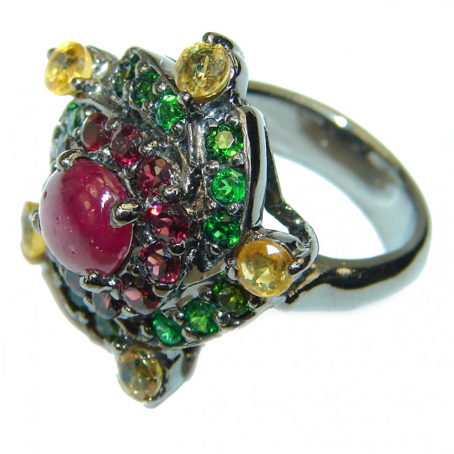 Floral design Authentic Ruby black rhodium over.925 Sterling Silver handmade Ring size 6