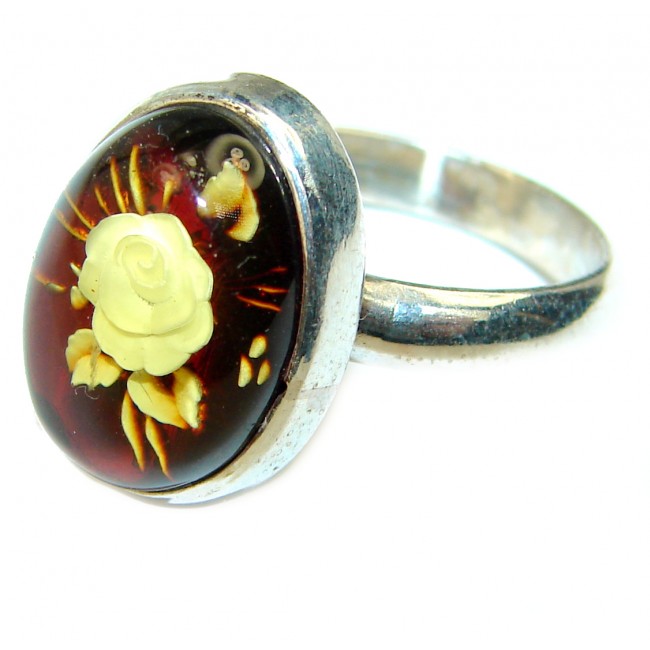 Golden Rose Authentic carved Baltic Amber .925 Sterling Silver handcrafted Large ring; s. 7 adjustable