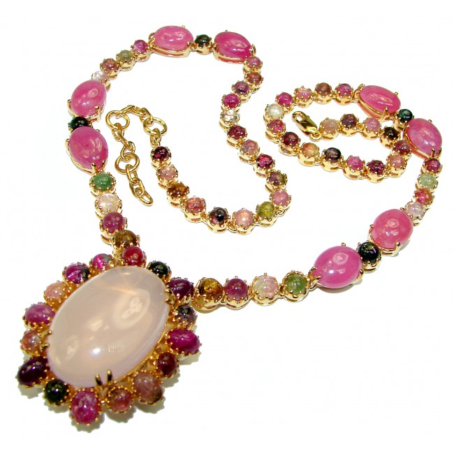 Outstanding Rose Quartz Watermelon Tourmaline 14k Gold over .925 Sterling Silver handcrafted Statement necklace