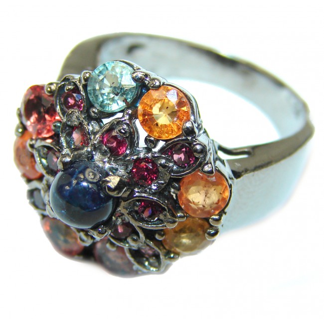 Incredible Star Sapphire multicolor Sapphire black rhodium over .925 Sterling Silver Handcrafted Ring size 7 1/4