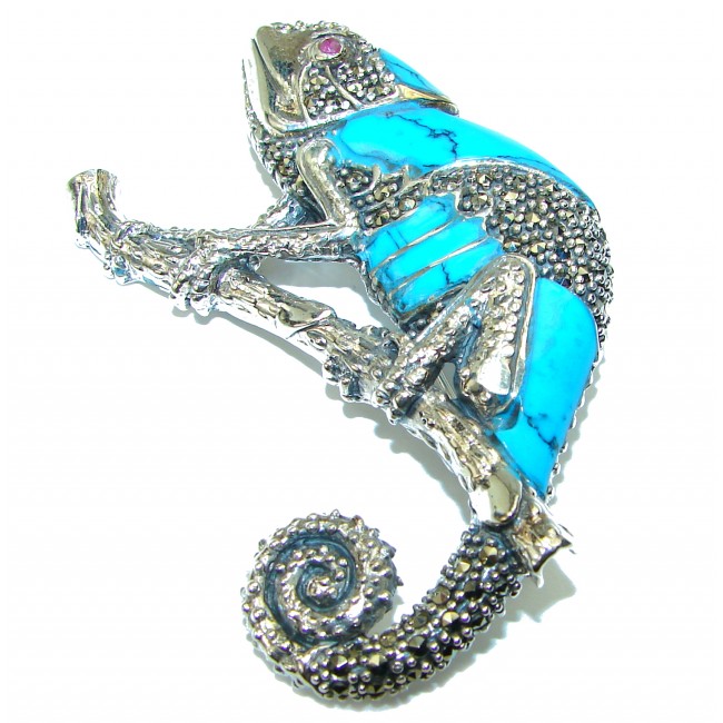 Spectacular Big Chameleon Lizard inlay Turquoise .925 Sterling Silver handmade Brooch