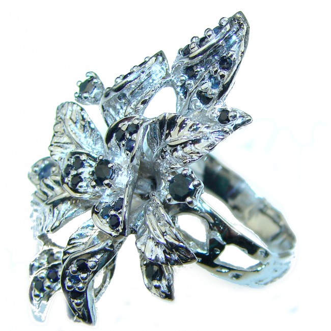 Blooming Flower Authentic Sapphire .925 Sterling Silver Large handcrafted Ring size 9