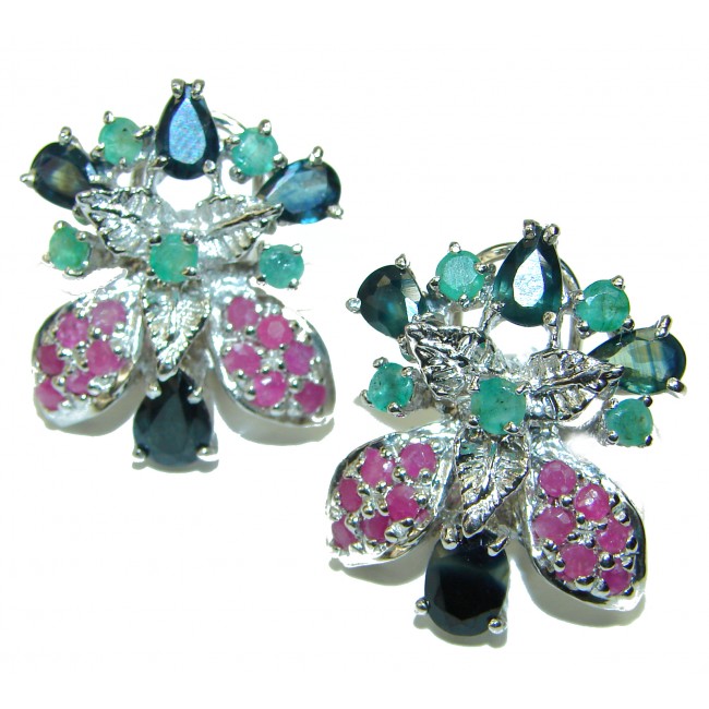Mademoiselle Grandidierite Ruby Emerald Sapphire .925 Sterling Silver handcrafted earrings