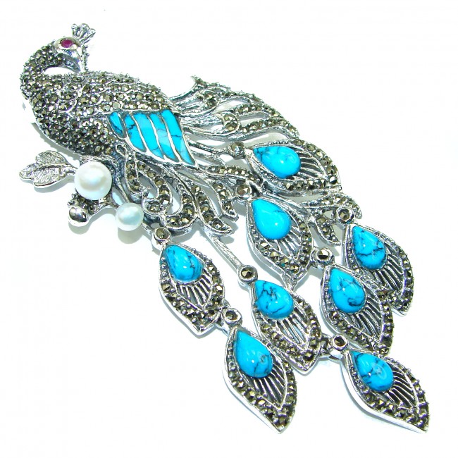 Large Turquoise Peacock .925 Sterling Silver handmade Pendant Brooch