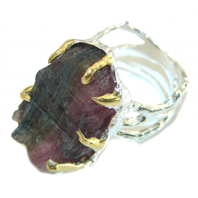 Authentic Rough Tourmaline over 2 tones .925 Sterling Silver Large Ring size 9