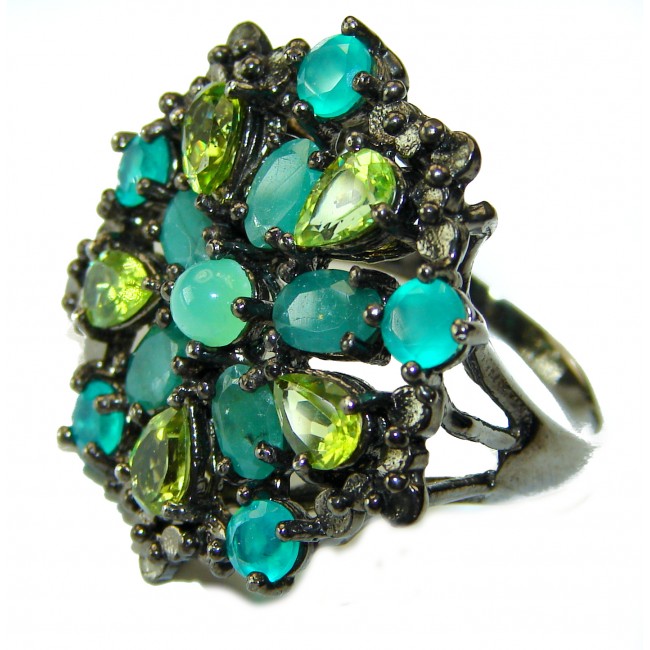 Green Power authentic Emerald black rhodium over .925 Sterling Silver Large handcrafted Ring size 9