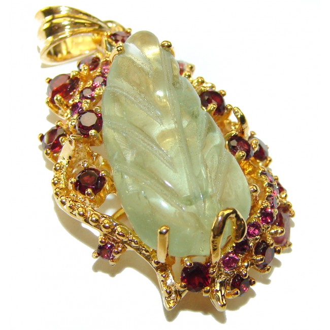 Exclusive carved Green Amethyst 14K Gold over .925 Sterling Silver handmade Pendant
