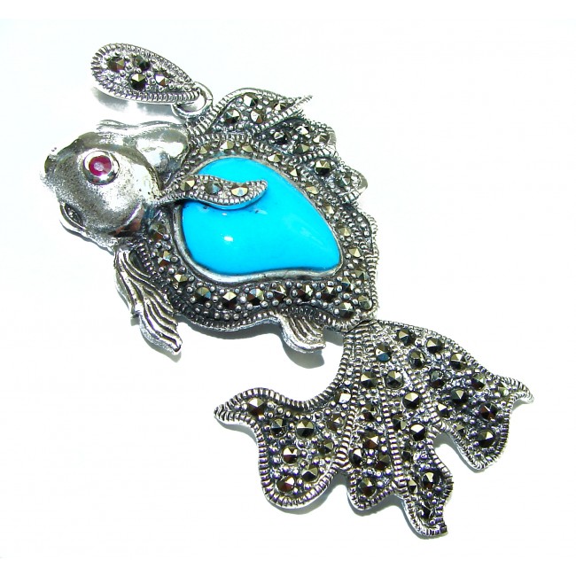Large Blue Fish Genuine Turquoise .925 Sterling Silver handcrafted Pendant