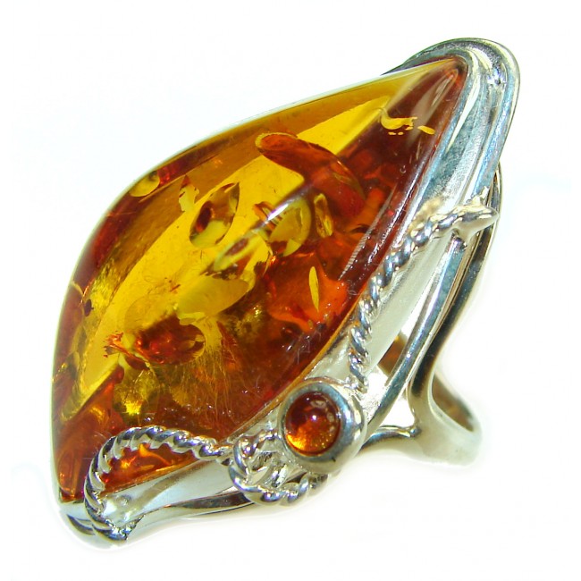 Authentic Huge Baltic Amber .925 Sterling Silver handcrafted ring; s. 6 adjustable