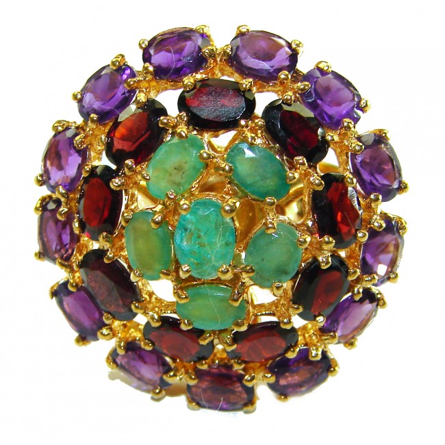 Fancy Authentic Emerald Amethyst 14K Gold over .925 Sterling Silver handmade Huge Ring size 8