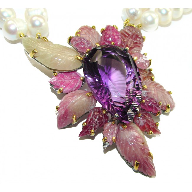 Exquisite genuine Amethyst Ruby Pearl 14K Gold over .925 Sterling Silver handcrafted HUGE Necklace