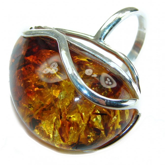 Authentic HUGE Baltic Amber .925 Sterling Silver handcrafted ring; s. 8