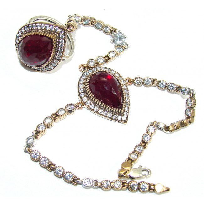 Victorian Style created Ruby Ring and Bracelet in one Streling Silver Set