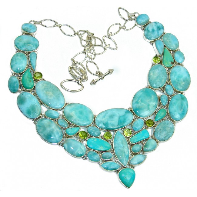 Huge Caribbean Style AAA+ Blue Larimar Turquoise Peridot Sterling Silver necklace