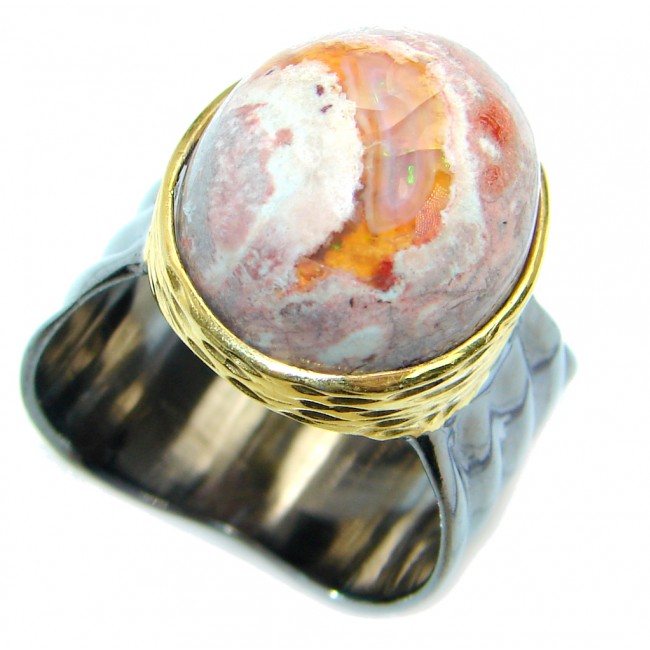 AAAMexican Fire Opal Two Tones Sterling Silver Ring size 7 1/2