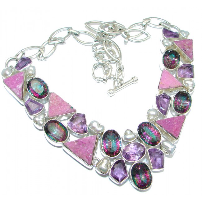 Rainbow Druzy & Amethyst Sterling Silver handcrafted necklace